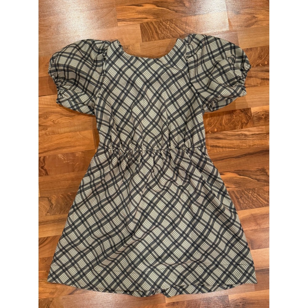 Line‎ and dot Plaid Mini Dress Women Medium Puff Sleeve Tie Back fall preppy NWT